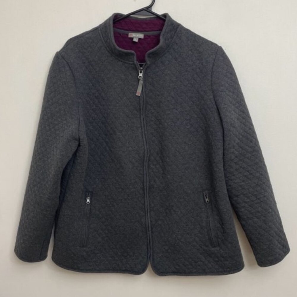 Talbots Quilted Jacket Women's 1X Gray w/ Magenta/Plum Lining 100% Cotton